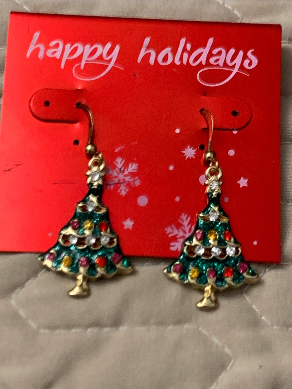 Holiday Green Rhinestone Christmas Tree Drop Earrings - Gold Tone